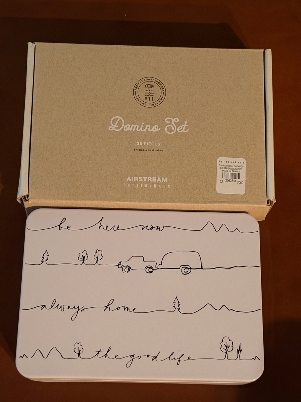 Pottery Barn Airstream Domino Set - White Tin with Black Line Art